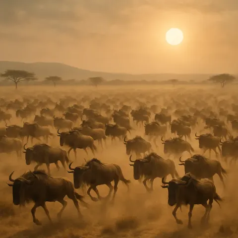 Vast Herd of Wildebeest Thunders Across an Expansive African Savanna