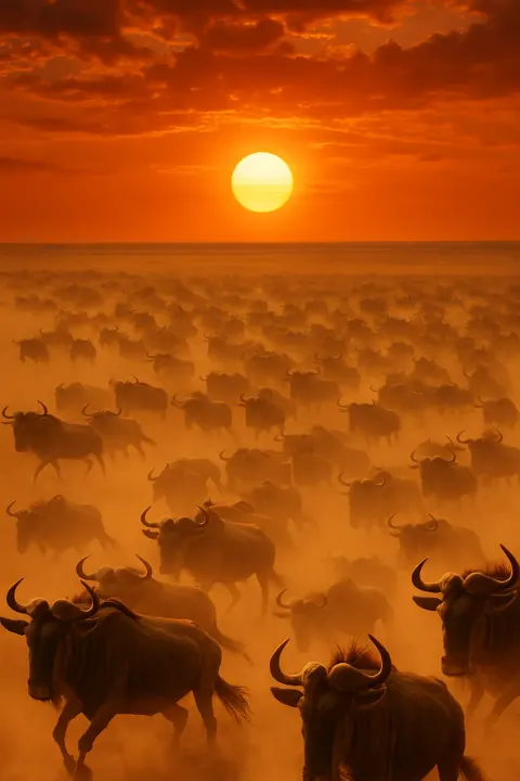 Vast Herd of Wildebeest Thunders Across an Endless Savanna Plain