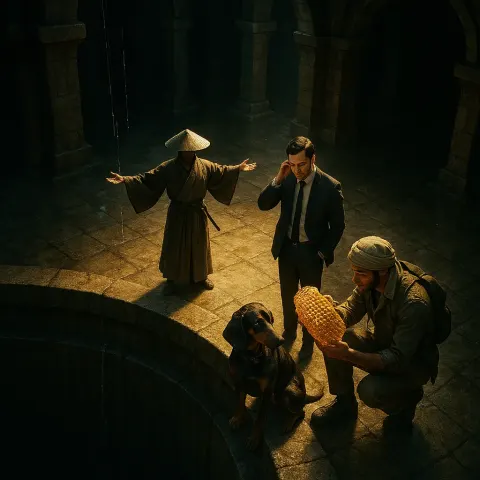 Intense Golden Light Starkly Illuminates a Robed Samurai