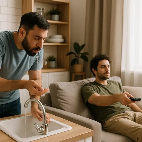 One Man Is Rinsing His Mouth at the Sink