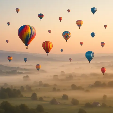 Numerous Brightly Colored Hot Air Balloons Drift Serenely