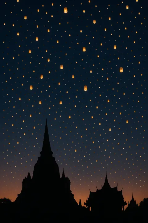 Myriad Tiny Paper Lanterns Float Serenely Upwards into a Vast