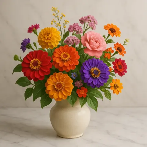 Vibrant Arrangement of Flowers Rests Inside a Ceramic Vase
