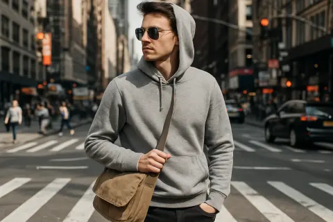 Person Positioned at a Bustling Street Corner Is Dressed