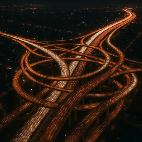 Countless Streams of Tiny Headlights and Taillights Snake