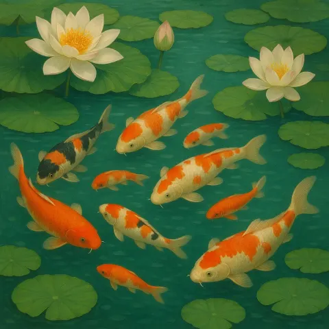 Tranquil Water Garden Featuring Colorful Koi Gliding Smoothly
