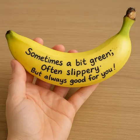 Hand Holding a Banana with Handwritten Text on its Peel