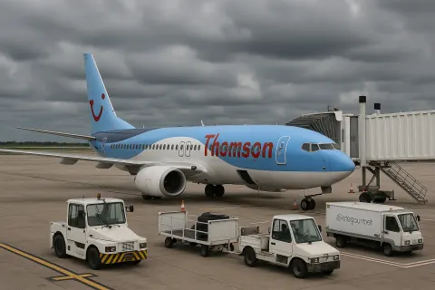 Thomson Airways Airplane Is Parked at an Airport Gate
