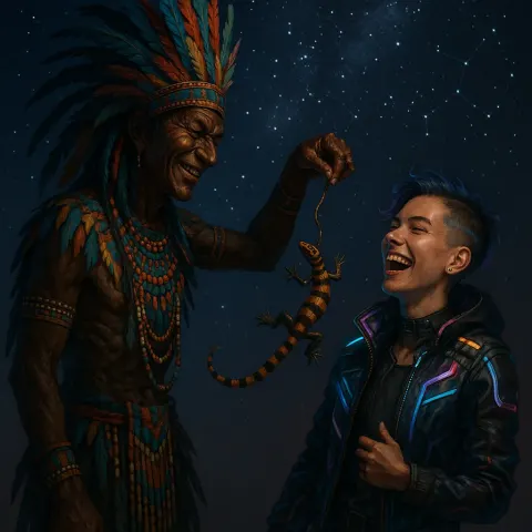 Tall Indigenous Trickster in Feathers