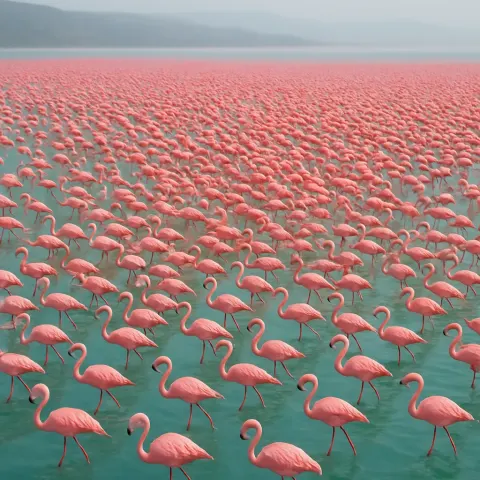 Thousands of Vibrant Pink Flamingos Wade in a Shallow