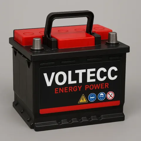 Black and Red Automotive Battery Labeled "Voltecc Energy Power"