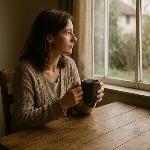 Woman Sits with a Steaming Cup of Tea