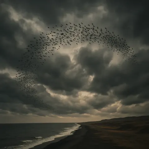 Vast Flock of Migratory Birds Forms a Sweeping Arc