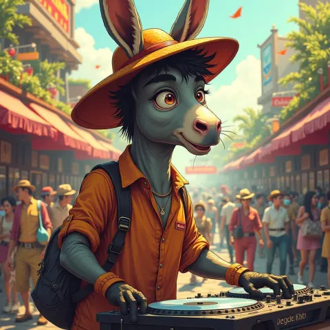 Manga DJ Donkey in a Bustling Zoo