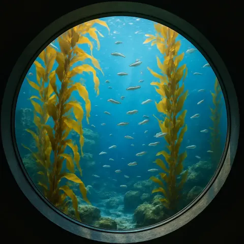 Large Circular Aquarium Window Showcases an Underwater Scene with Vibrant