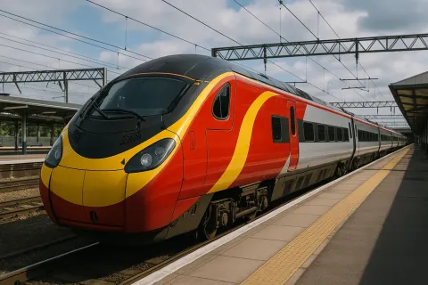 Modern Red and Yellow High-speed Train Parked at a Railway