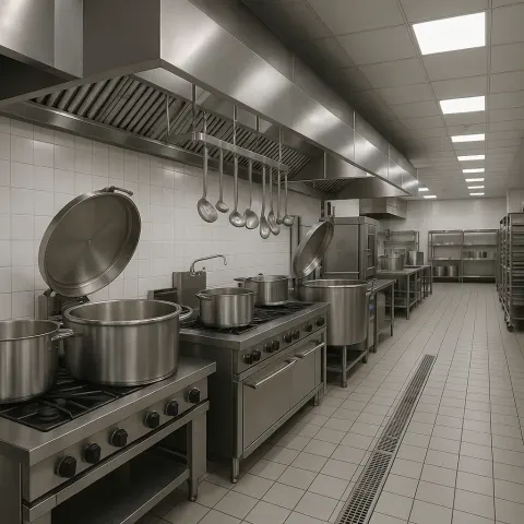 Large Industrial Kitchen with Stainless Steel Equipment