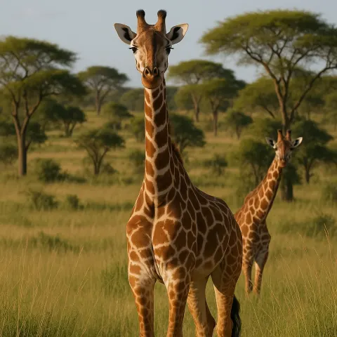 Giraffe Stands in a Grassy Savanna
