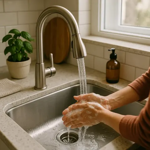 Person Cleaning their Hands at a Sink in a Kitchen