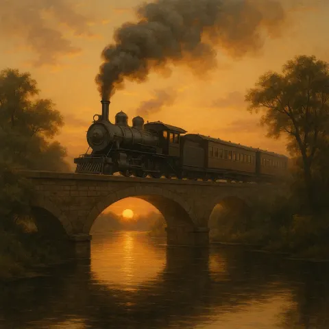 Historic Steam Locomotive Travels Across a Narrow Stone Bridge Spanning