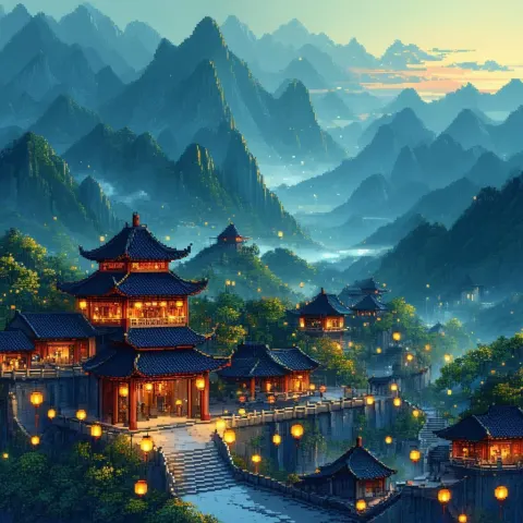Lantern Lit Chinese Village in Pixels