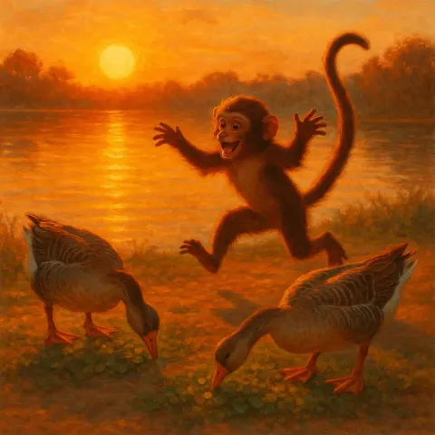 Lively Monkey with Chestnut-colored Fur Plays near the Shimmering Lakeshore