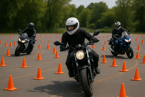Three Motorcyclists Maneuver Through an Outdoor Course Filled