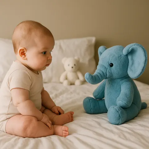 Baby Sitting on a Bed Facing a Blue Stuffed Elephant
