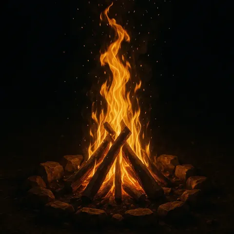 Glowing Golden Firelight of the Campfire Flickers Vividly