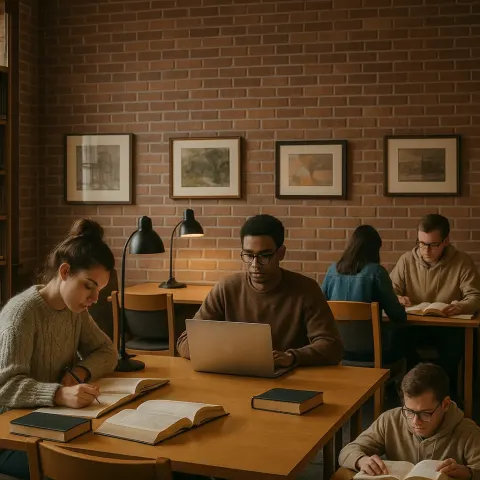 People Studying and Working at Tables in a Library