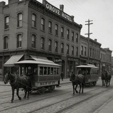Horse-drawn Trams on a Street Outside a Brick Hotel