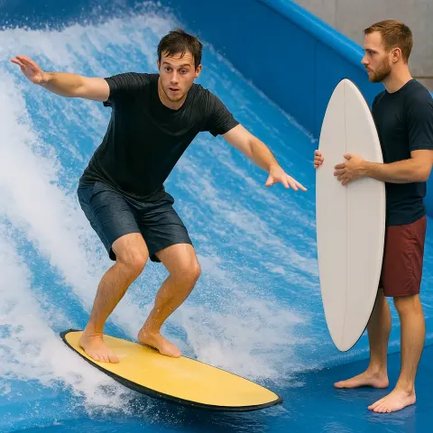 Man Attempts to Balance on a Surfboard
