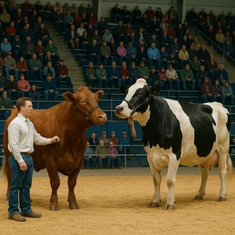Two Handlers Present Large Cows in a Show