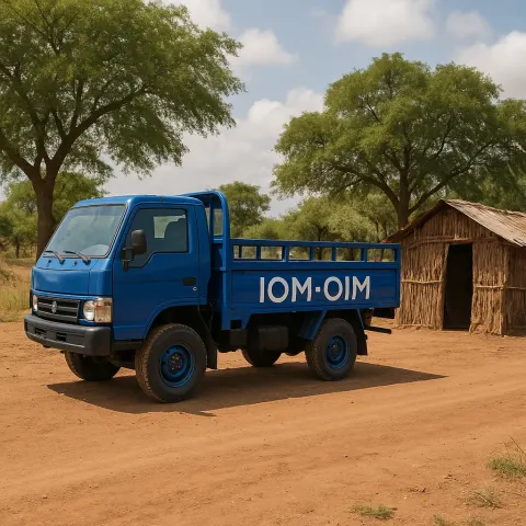 Blue Truck Marked "IOM-OIM" Parked on a Dirt Road