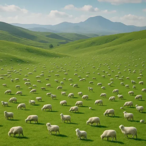 Countless White Sheep Graze Scattered Across Vast