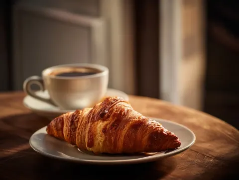 High end food photography of a croissant and a cup of coffee on a wooden table lit by a window
