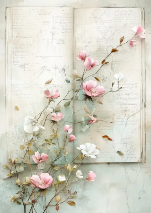 Nature journal illustration, delicate watercolor flowers and leaves slightly floating off the page