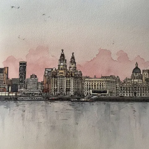 Simple watercolour, pen and ink illustration of the liverpool skyline