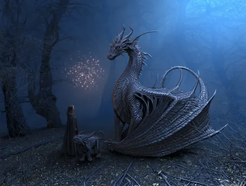 A dragon, a humanoid creature and a dragon-like dog are standing in the forest. The dragon has glowi