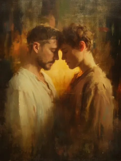 Two men leaning forehead to forehead, eyes closed, soft golden light, oil painting