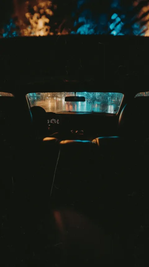 A raw, cinematic POV shot from the dead center of the back seat of a car