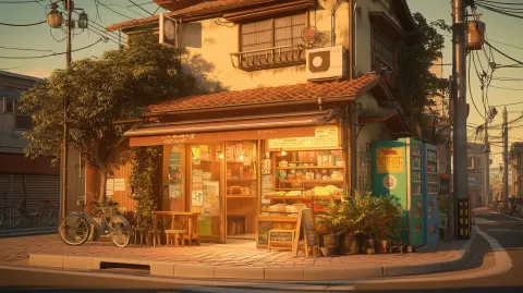 A small bakery glowing warmly at sunset, golden hour lighting