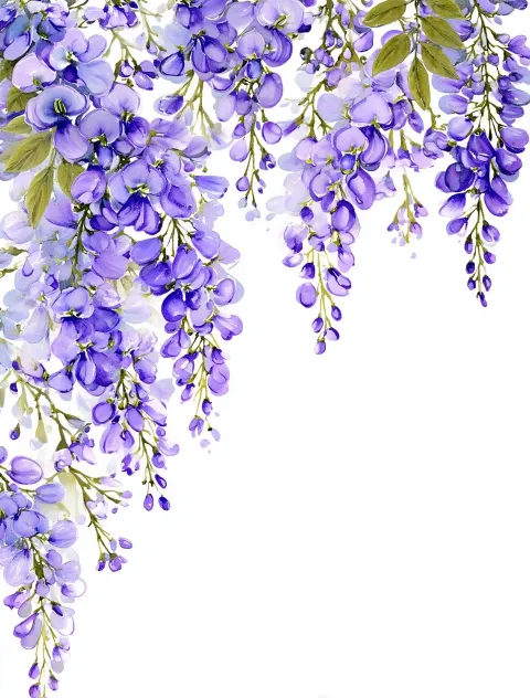 A vector illustration of wisteria flowers in periwinckle color #CCCCFF along the top and bottom bord