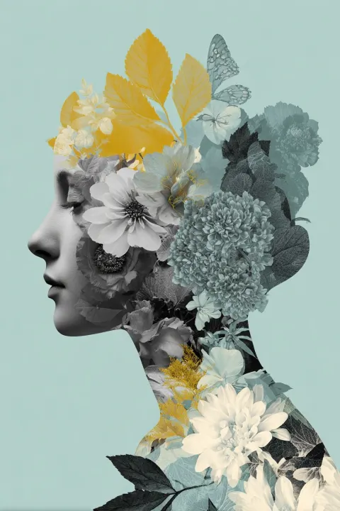 An artistic collage featuring flowers and leaves in monochrome tones