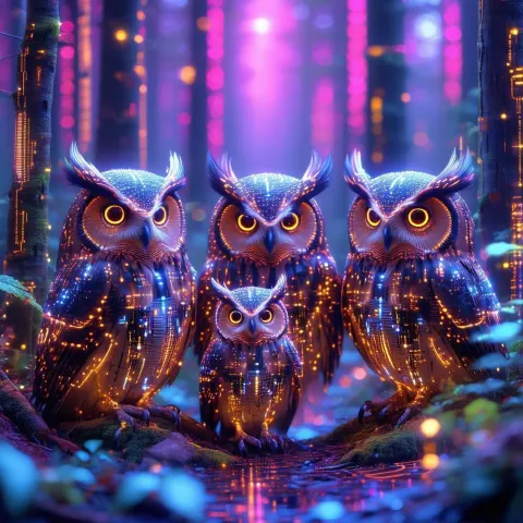 Owl Family Perched in Neon Cyber Forest
