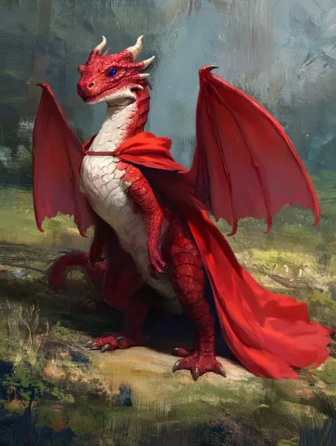 Digital character art made of a anthropomorphic female dragon person. It's scales are deep red with