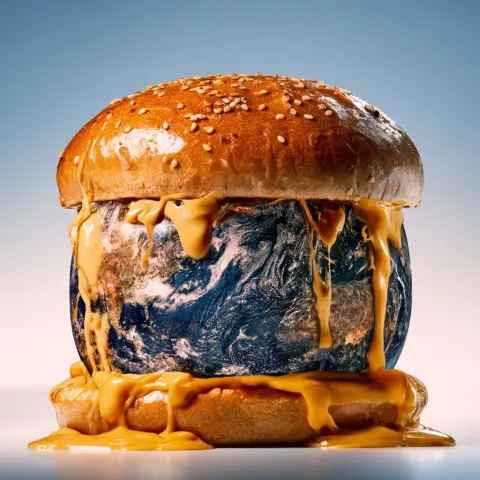 Earth as hamburger patty, detailed continents and oceans forming the meat texture