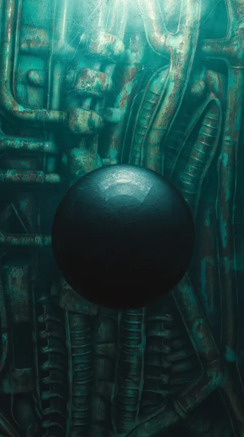 Futuristic photo with film grain and chromatic aberration and camera bokeh of a floating black spher