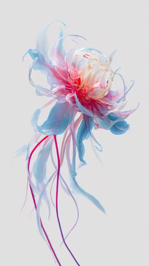 A photo of a beautiful flower, looking like a jellyfish, in powderpastel tones of pink, aqua