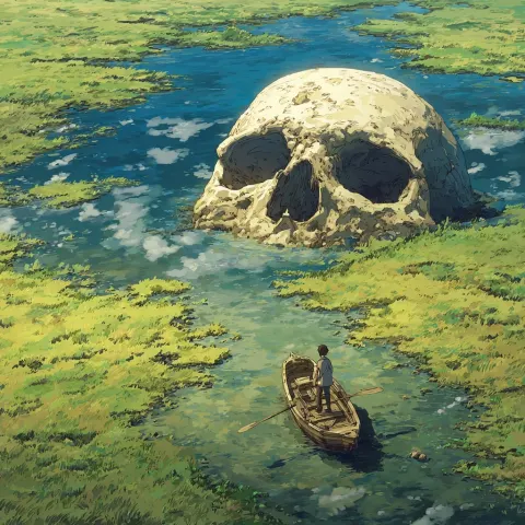 Handwrite anime with full detail where a guy on a little boat sees big old skull in the ground. Cine